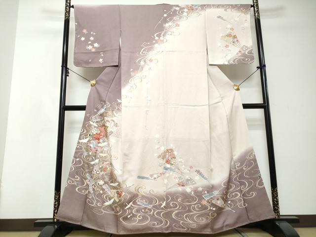 平和屋着物●訪問着 流水飛鶴扇面花文 暈し染め 正絹 逸品 未使用 DABI2387ud