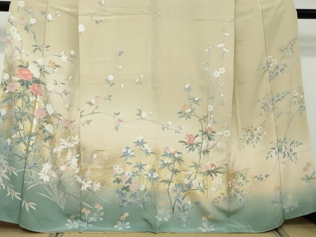 平和屋着物●十日町友禅作家 松雨 訪問着 草花文 暈し染め 金銀彩 正絹 逸品 DABI2393ud
