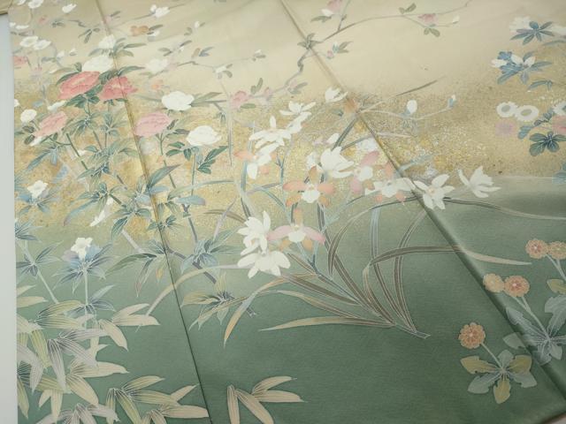 平和屋着物●十日町友禅作家 松雨 訪問着 草花文 暈し染め 金銀彩 正絹 逸品 DABI2393ud