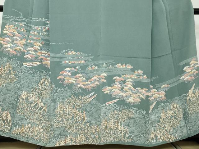 平和屋着物●訪問着 流水小舟草花文 金彩 鬼しぼ縮緬 正絹 逸品 DABI2399ud