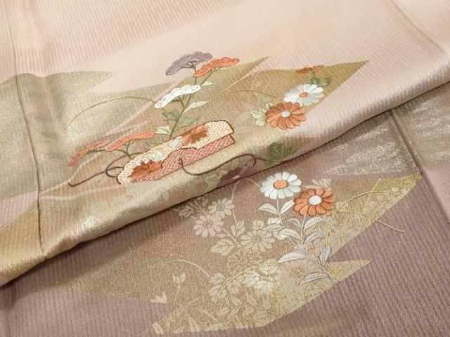 平和屋着物●訪問着 刺繍 松皮菱草花文 暈し染め 金銀彩 正絹 逸品 DABI2400ud