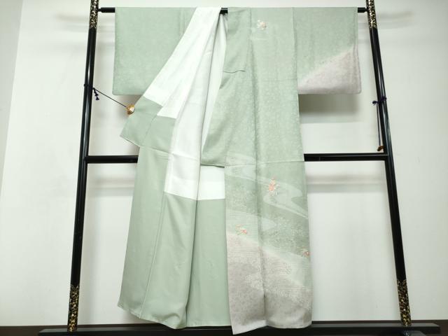 平和屋着物●訪問着 刺繍 流水草花文 暈し染め 金彩 正絹 逸品 DABI2461ud