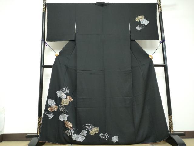 平和屋着物●訪問着 絞り 刺繍 地紙草花文 黒地 金彩 正絹 逸品 未使用 DABI2462ud