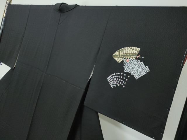 平和屋着物●訪問着 絞り 刺繍 地紙草花文 黒地 金彩 正絹 逸品 未使用 DABI2462ud