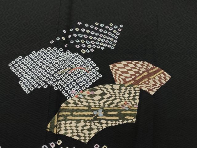 平和屋着物●訪問着 絞り 刺繍 地紙草花文 黒地 金彩 正絹 逸品 未使用 DABI2462ud