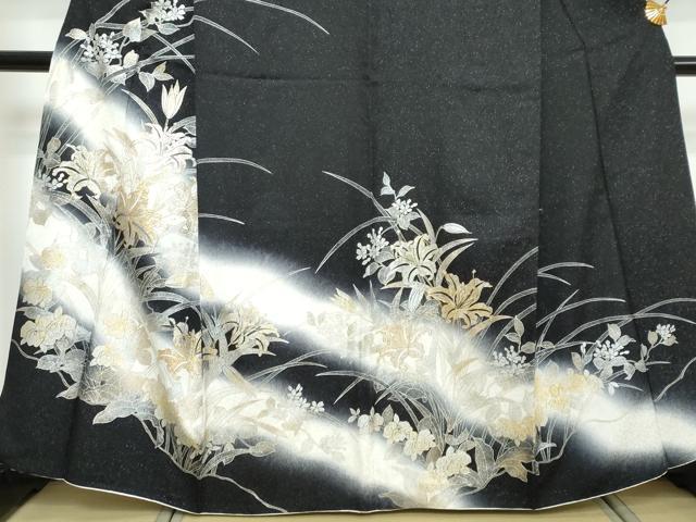 平和屋着物●訪問着 草花文 暈し染め 黒地 金銀彩 銀通し地 正絹 逸品 DABI2467ud