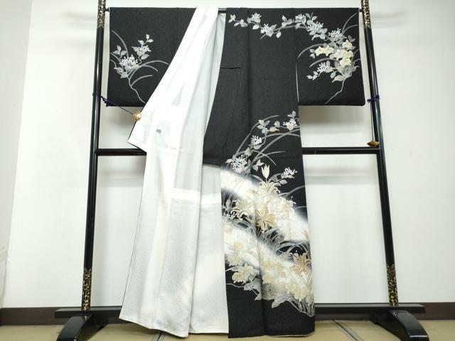 平和屋着物●訪問着 草花文 暈し染め 黒地 金銀彩 銀通し地 正絹 逸品 DABI2467ud