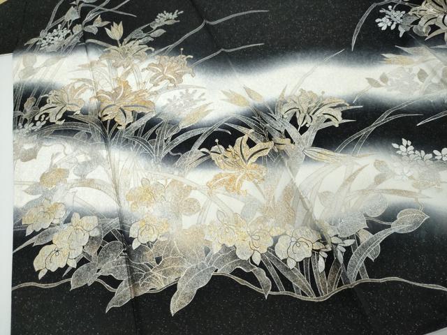 平和屋着物●訪問着 草花文 暈し染め 黒地 金銀彩 銀通し地 正絹 逸品 DABI2467ud