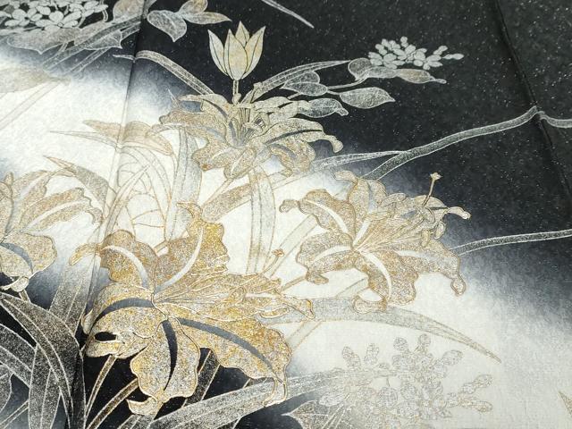 平和屋着物●訪問着 草花文 暈し染め 黒地 金銀彩 銀通し地 正絹 逸品 DABI2467ud