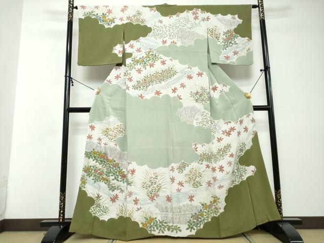 平和屋着物●訪問着 胴抜き仕立て 流水草花文 正絹 逸品 DABI2474ud
