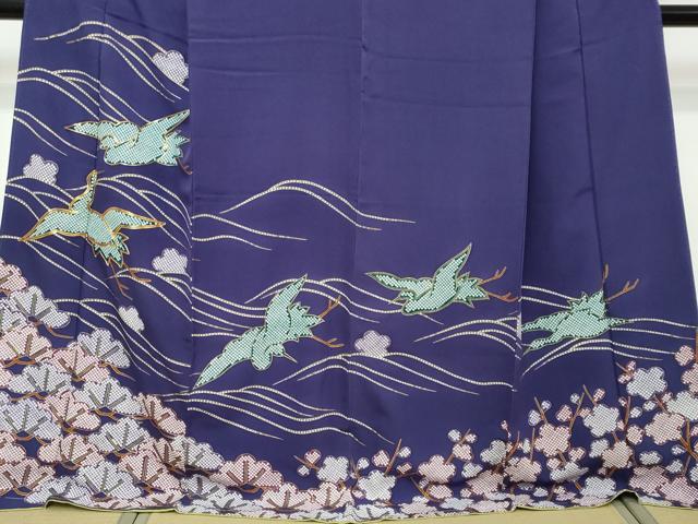 平和屋着物●訪問着 駒刺繍 飛鶴梅松文 金彩 ロング丈 正絹 逸品 DABI2498ud