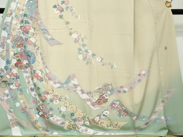平和屋着物●手描友禅 奥田秀水 訪問着 駒刺繍 雪輪熨斗草花文 暈し染め 正絹 逸品 DABI2514ud