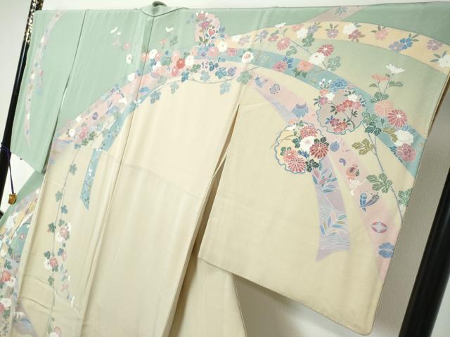 平和屋着物●手描友禅 奥田秀水 訪問着 駒刺繍 雪輪熨斗草花文 暈し染め 正絹 逸品 DABI2514ud