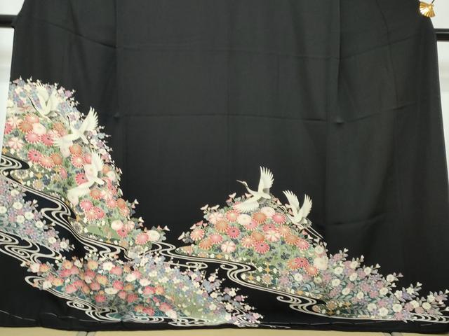 平和屋着物●豪華黒留袖 友禅 流水飛鶴草花文 正絹 逸品 DABI2530ud