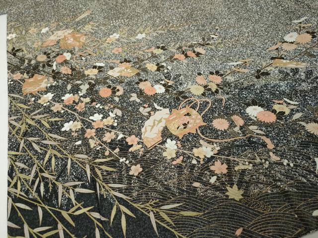 平和屋着物●訪問着 扇面糸車飛鶴花文 シルエット 金彩 正絹 逸品 DABI2582ud