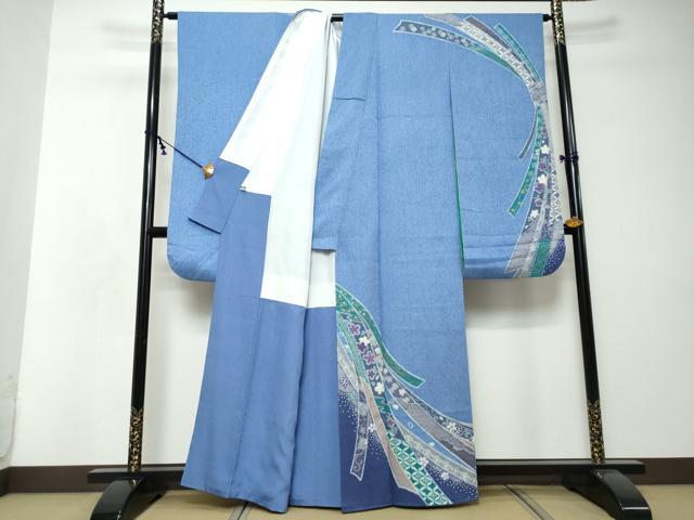 平和屋着物●豪華振袖 水晶染 熨斗草花文 金彩 銀通し地 正絹 逸品 DABI2585ud