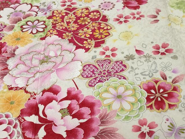 平和屋着物●豪華振袖 花蝶文 暈し染め 金銀彩 銀通し地 正絹 逸品 DABI2586ud
