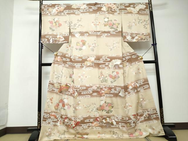平和屋着物●訪問着 駒刺繍 流水扇面花文 暈し染め 金彩 正絹 逸品 DABI2590ud
