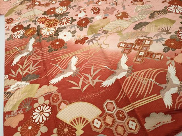平和屋着物●豪華振袖 駒刺繍 扇面飛鶴花文 暈し染め 金彩 やまと誂製 正絹 逸品 DABI2593ud