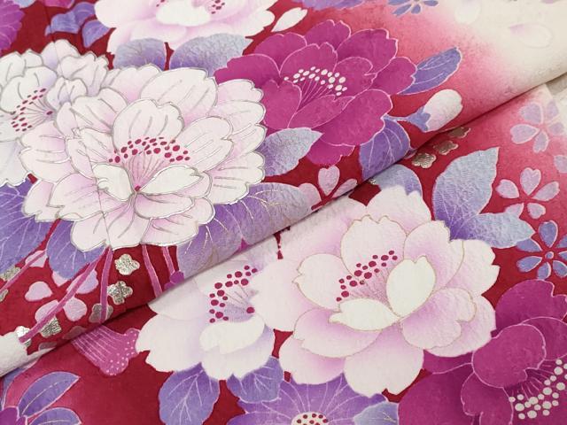 平和屋着物●豪華振袖 舞花文 暈し染め 銀彩 京都きもの友禅扱い 正絹 逸品 DABI2601ud