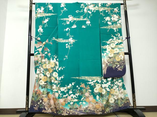 平和屋着物●豪華振袖 駒刺繍 草花文 暈し染め 金彩 正絹 逸品 DABI2604ud