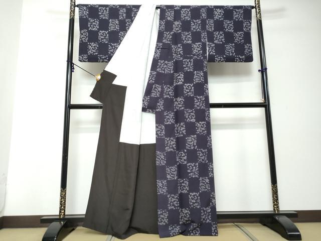 平和屋着物●上質な小紋 市松枝花文 正絹 逸品 DABI2627ud