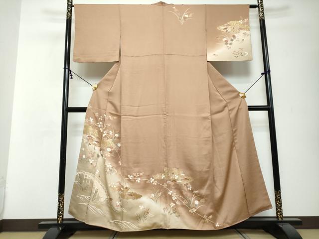 平和屋着物●訪問着 駒刺繍 渡橋草花文 暈し染め 金彩 正絹 逸品 DABI2637ud