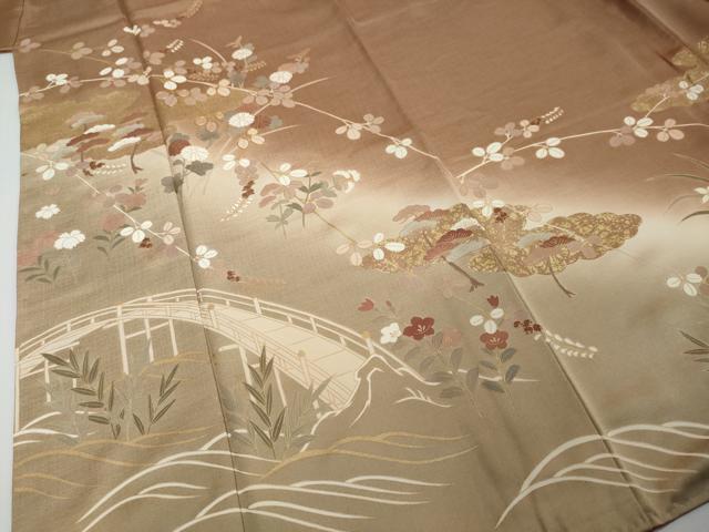 平和屋着物●訪問着 駒刺繍 渡橋草花文 暈し染め 金彩 正絹 逸品 DABI2637ud