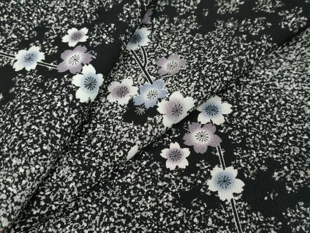 平和屋着物●小紋 枝桜文 たたき染め 黒地 洗える着物 DABI2664ud