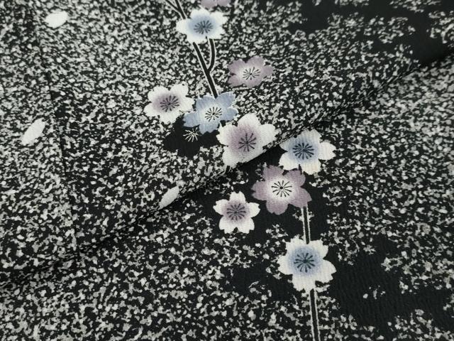 平和屋着物●小紋 枝桜文 たたき染め 黒地 洗える着物 DABI2664ud