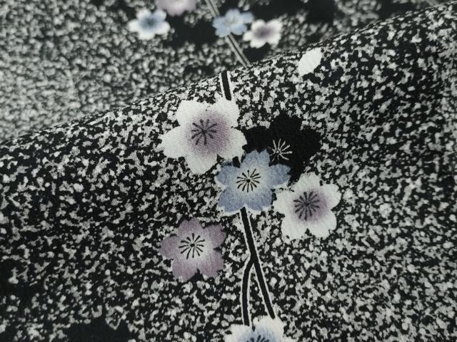 平和屋着物●小紋 枝桜文 たたき染め 黒地 洗える着物 DABI2664ud