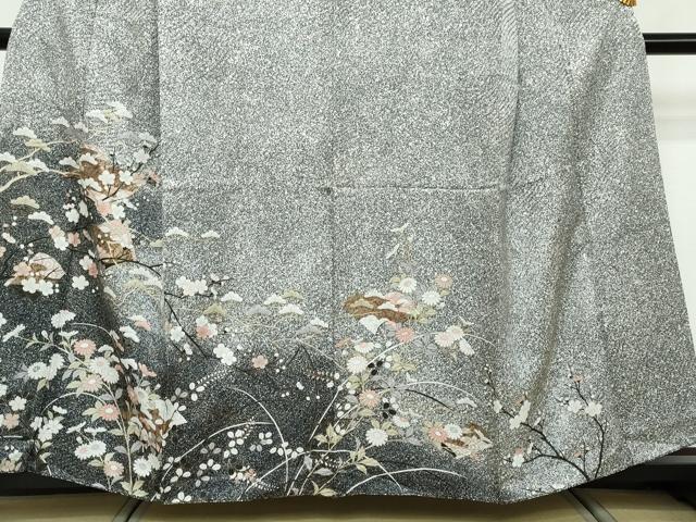 平和屋着物●訪問着 草花文 たたき染め 黒地 金彩 正絹 逸品 DABI2690ud