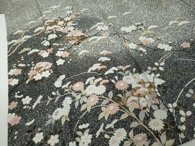 平和屋着物●訪問着 草花文 たたき染め 黒地 金彩 正絹 逸品 DABI2690ud
