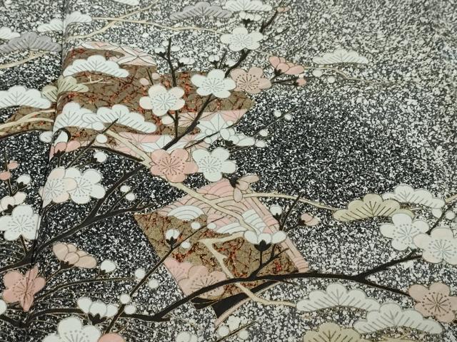 平和屋着物●訪問着 草花文 たたき染め 黒地 金彩 正絹 逸品 DABI2690ud