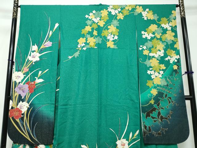 平和屋着物●豪華振袖 作家物 風景草花文 シルエット 暈し染め 金彩 金通し地 正絹 逸品 DABI2697ud