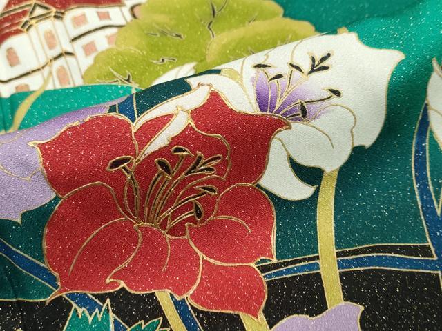 平和屋着物●豪華振袖 作家物 風景草花文 シルエット 暈し染め 金彩 金通し地 正絹 逸品 DABI2697ud