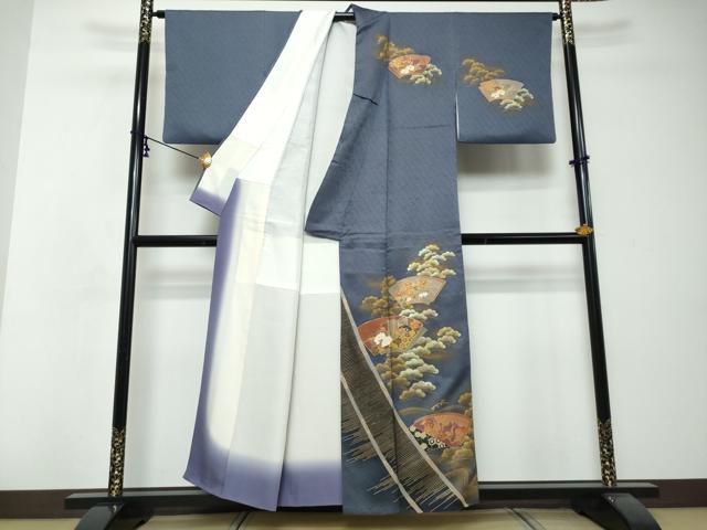 平和屋着物●訪問着 作家物 駒刺繍 地紙重ね御所車草花文 金彩 正絹 逸品 DABI2703ud