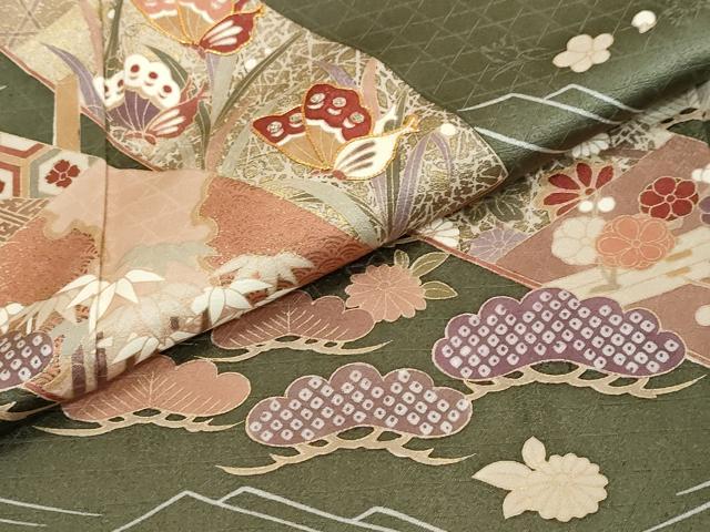 平和屋着物●訪問着 駒刺繍 花蝶文 金彩 正絹 逸品 DABI2755ud