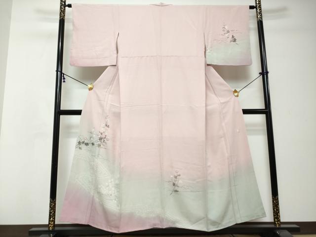 平和屋着物●十日町 名門 滝泰謹製 訪問着 絞り 流水草花文 暈し染め 金彩 正絹 逸品 DABI2789ud