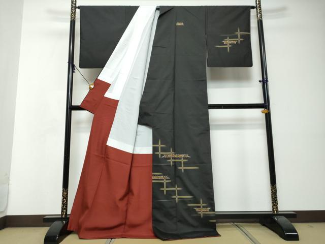 平和屋着物●本場縞大島紬 訪問着 総刺繍 9マルキ 横段草花文 金糸 正絹 逸品 DABI2850ud
