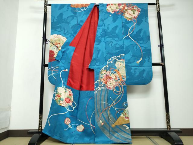 平和屋本店●アンティーク 大正ロマン 振袖 扇面草花文 金彩 正絹 逸品 DABI2867ud