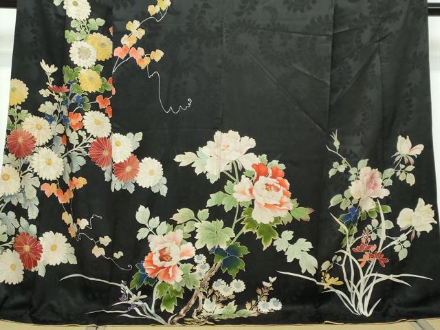 平和屋着物●アンティーク 大正ロマン 中国三大刺繍 相良刺繍 訪問着 お引き摺り 草花文 黒地 金彩 ロング丈 正絹 逸品 DABI2890ud