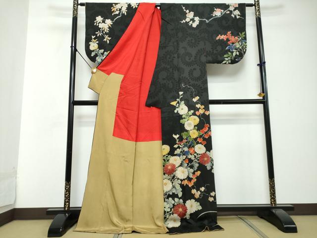 平和屋着物●アンティーク 大正ロマン 中国三大刺繍 相良刺繍 訪問着 お引き摺り 草花文 黒地 金彩 ロング丈 正絹 逸品 DABI2890ud