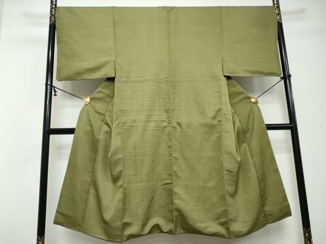 平和屋着物●男性 お召 吉祥花地紋 色無地 抹茶色 正絹 逸品 DABI2891ud