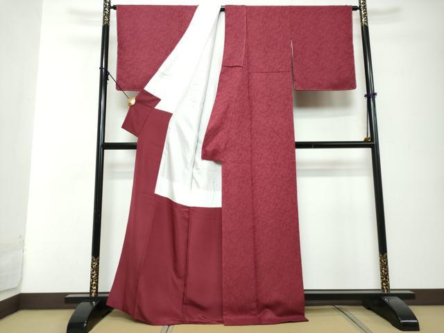 平和屋着物●上質な色無地 草花地紋 濃紅色 正絹 逸品 DABI2898ud