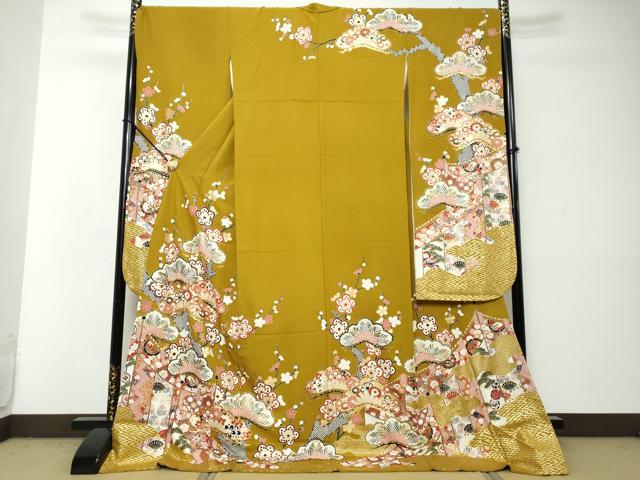 平和屋着物●豪華振袖 駒刺繍 扇面吉祥草花文 金彩 正絹 逸品 DABI2936ud