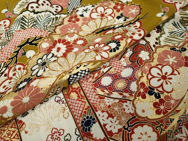 平和屋着物●豪華振袖 駒刺繍 扇面吉祥草花文 金彩 正絹 逸品 DABI2936ud