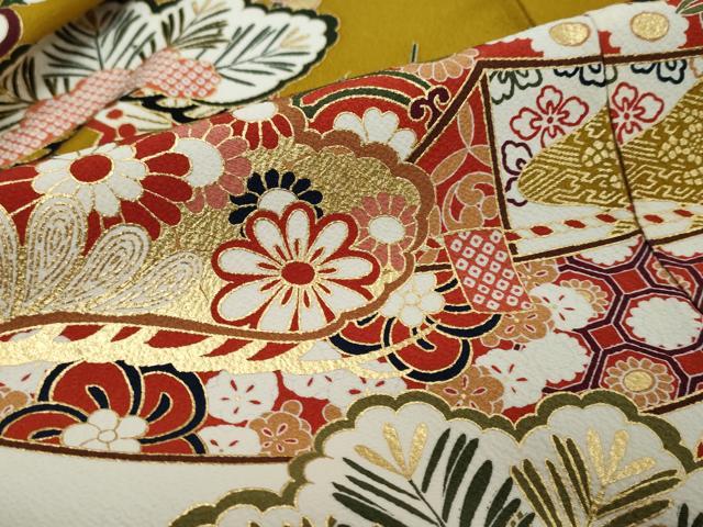 平和屋着物●豪華振袖 駒刺繍 扇面吉祥草花文 金彩 正絹 逸品 DABI2936ud