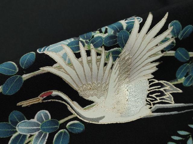 平和屋着物●訪問着 駒刺繍 群鶴草花文 黒地 金彩 正絹 逸品 DABI2969ud