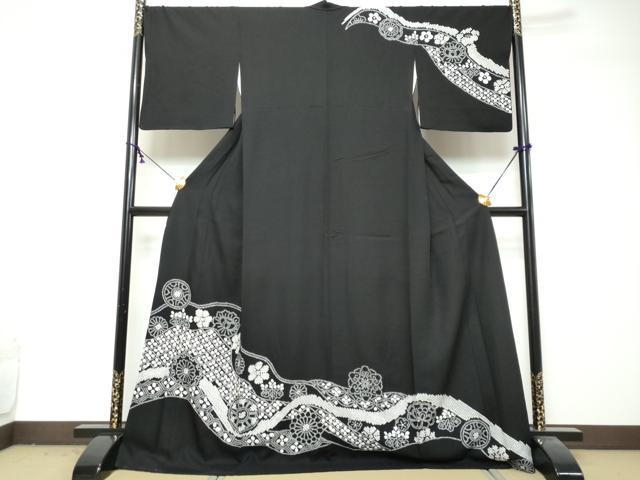 平和屋着物●訪問着 総絞り 道長草花文 黒地 ロング丈 正絹 逸品 DABI2975ud